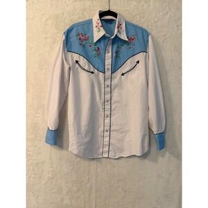 Fenton Vintage Western Pearl Snap Shirt Mens XL White Blue Floral Embroidered
